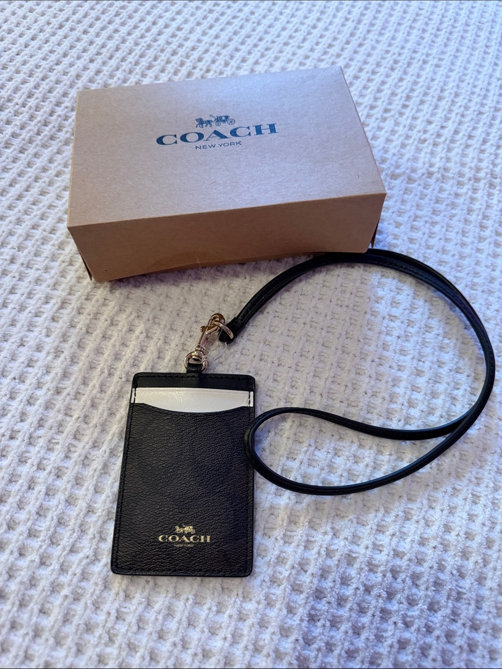 Coach Black Leather Card Holder Lanyard with White Accent